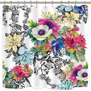 Riyidecor Watercolor Floral Shower Curtain Flower Blossoming Wildflowers Birds Spring Leaves Branches Decor Collection Fabric Polyester Waterproof 72x72 Inch Plastic Hooks 12 Packs