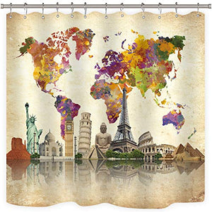 Riyidecor World Map Shower Curtain Travel Vintage Wanderlust Landmark Spot Cultural Statue of Liberty Big Ben Decor Fabric Set Polyester Waterproof 72x72 Inch with 12 Pack Hooks