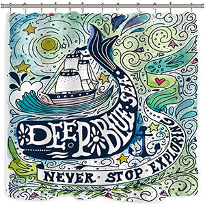 Riyidecor Whale Shower Curtain Cartoon Kids Nautical Sailboat Deep Blue Sea Animal Whale Wavy Bathroom Decor Waterproof Polyester 12 Pack Metal Hooks 72x72 Inch