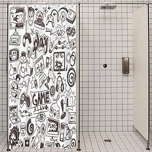 Riyidecor Kids Video Game Boys Shower Curtain 39W x 72H Black and White Sketch Funny Graffiti Decor Fabric Panel Bathroom 7 Pack Plastic Shower Hooks