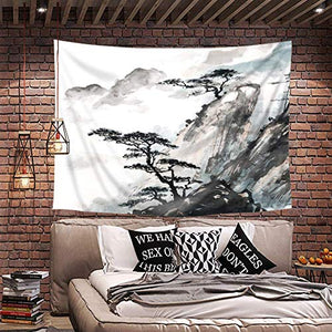 Riyidecor Japanese Tapestry Wall Hanging 59Wx51H Inch Asian Chinese Landscape Bedroom Decor for Men Painting Oriental Style Ink Watercolor Mountain Trees Black Artwork Print Indigenous Bedroom Living Room
