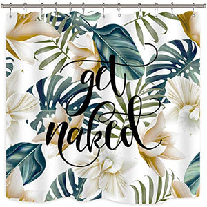 Riyidecor Palm Leaf Shower Curtain Get Naked Green Tropical Tree Black Font Funny Coconut Plant Modern Chic Polyester Fabric Waterproof Bathroom 72x72 Inch 12 Pack Plastic Hooks