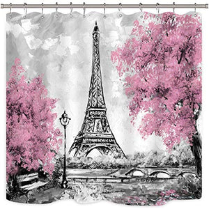 Riyidecor Paris Eiffel Tower Shower Curtain for Bathroom Decor 72Wx72H Inch Pink Paris Theme Bath Set for Women Girls Vintage Eiffel City Landscape Home Accessories Fabric Waterproof 12 Pack Hooks