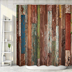 Riyidecor Antique Wooden Shower Curtain 72x78 Inch Metal Hooks 12 Pack Red Blue Grey Grunge Rustic Planks Barn House Wood and Lodge Hardwood Decor Fabric Bathroom Waterproof