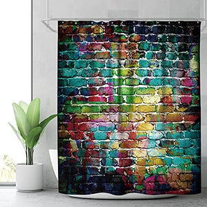 Riyidecor Colorful Brick Wall Shower Curtain Hip Hop Graffiti Colorful Rainbow Painting Decor Fabric Bathroom Polyester Waterproof 72x72 Inch 12-Pack Plastic Hooks