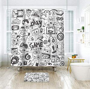 Riyidecor Kids Video Game Boys Shower Curtain 72W x 72H Black and White Sketch Funny Graffiti Decor Fabric Panel Bathroom 12 Pack Plastic Shower Hooks