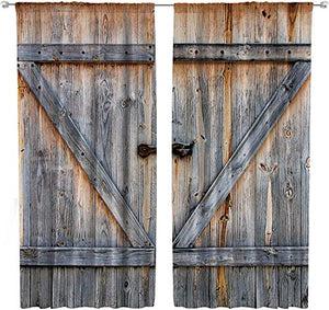 Riyidecor Wooden Barn Doors Kitchen Curtains Rustic Rod Pocket Retro Brown Woods Shabby Chic Farmhouse Printed Living Room Bedroom Window Drapes Treatment Fabric 2 Panels 55 x 39 Inch