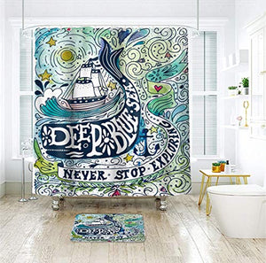 Riyidecor Whale Shower Curtain Cartoon Kids Nautical Sailboat Deep Blue Sea Animal Whale Wavy Bathroom Decor Waterproof Polyester 12 Pack Metal Hooks 72x72 Inch