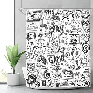 Riyidecor Kids Video Game Boys Shower Curtain 72" W x 78" H Black and White Sketch Funny Graffiti Decor Fabric Panel Bathroom 12 Pack Plastic Shower Hooks