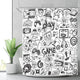Riyidecor Kids Video Game Boys Shower Curtain 72" W x 78" H Black and White Sketch Funny Graffiti Decor Fabric Panel Bathroom 12 Pack Plastic Shower Hooks