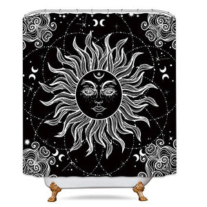 Riyidecor Mandala Celestial Shower Curtain Sun Moon Black and White Decor Medallion Floral Fabric Set Polyester Waterproof 72x72 Inch 12 Pack Plastic Hooks