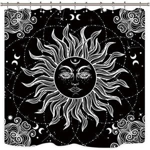 Riyidecor Mandala Celestial Shower Curtain Sun Moon Black and White Decor Medallion Floral Fabric Set Polyester Waterproof 72x72 Inch 12 Pack Plastic Hooks