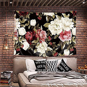 Riyidecor Fabric Watercolor Black Floral Tapestry Wall Hanging 91Wx71H Inch Vintage Flower Nature Plant Living Room Decoration Blossom Botanical Rose Retro Aesthetic Bedroom Dorm Home Decor WW-KRGG