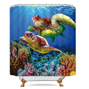 Riyidecor Sea Turtle Shower Curtain Ocean Creature Landscape Colorful Coral Reef Underwater Decor Fabric Set Polyester Waterproof 72x72 Inch 12-Pack Plastic  Hooks