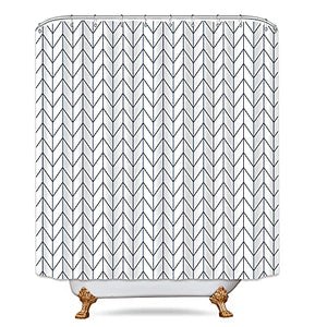 Riyidecor Chevron Shower Curtain White Navy Geometric Herringbone 72Wx72H Inch Striped Simple Modern Classy Neutral Contemporary 12 Pack Hooks Decor Fabric Bathroom Set Polyester Waterproof