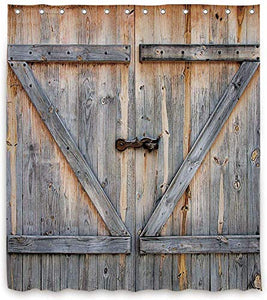 Riyidecor Barn Door Shower Curtain Rustic Wooden Barn Wood Farmhouse 72Wx78H Inch Vintage Retro Brown Decor Fabric Set Polyester Waterproof 12 Pack Plastic Hooks