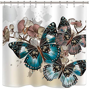 Riyidecor Butterfly Shower Curtain 72Wx72H Inch 12-Pack Metal Hooks Fabric Colorful Floral Painting Art with Butterflies Skewer Spring Insects Vintage Decor Bathroom Set Polyester Waterproof