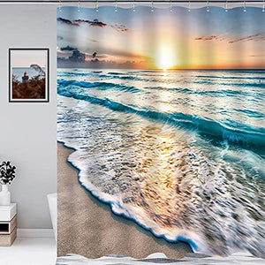 Riyidecor Ocean Coastal Hawaiian Sunrise Shower Curtain 60 x 72 Inch Sea Wave Summer Beach Seaside Scene Island Blue Fabric Set Waterproof 12 Pack Hooks