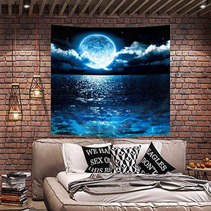 Riyidecor Moon Tapestry Wall Hanging 59Wx59H Ocean Theme Wall Decor for Men Women Blue Starry Night Sky Lake Backdrop Nature Landscape Scene Printed Decoration for Bedroom Living Room Dorm