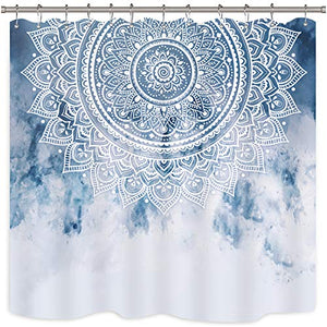 Riyidecor Blue Mandala Shower Curtain India Ethnic Boho Medallion Abstract Bohemian Retro Floral Geometric Fabric Waterproof Home Bathtub Decor 12 Pack Plastic Hook 72x72 Inch