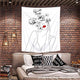 Riyidecor Floral Woman and Flowers Tapestry 51Wx59H Inches Girl Black White Red Lips Outline Line Sketch Blossom Modern Fashion Design Art Printed Home Decor Wall Hanging for Living Room Bedroom Dorm