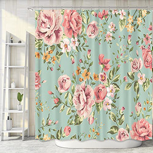 Riyidecor Fabric Pink Flower Shower Curtain for Bathroom 72Wx72H Inch Rose Floral Blooming Green Leaves for Girls Women Bathtub Accessories Decor Rustic Retro Waterproof Fabric Bathroom 12 Pack Hooks