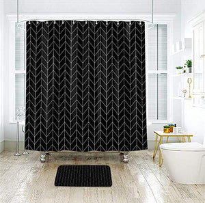 Riyidecor Striped Herringbone Chevron Shower Curtain 60x72 Inch Black Geometric Panel Decor Fabric Bathroom Set Polyester Waterproof 12 Pack Plastic Hooks