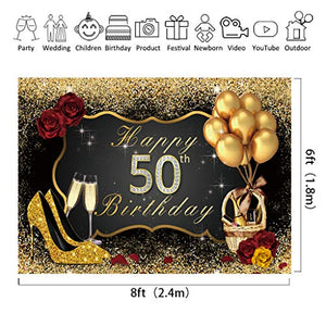 Riyidecor 50th Birthday Backdrop Black Gold Woman Balloons Champagne Photo Photography Background 8X6 Feet Shining Sequin Rose Gold Party Decorations Celebration Props Photo Shoot Vinyl Cloth