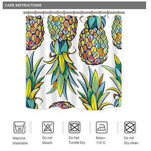 Riyidecor Tropical Fruit Pineapple Shower Curtain for Bathroom Decor Summer Green Leaves Blue and Yellow Art Printed Fabric Waterproof 72Wx72H 12 Pack Plastic Shower Hooks