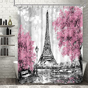 Riyidecor Paris Eiffel Tower Shower Curtain for Bathroom Decor 72Wx72H Inch Pink Paris Theme Bath Set for Women Girls Vintage Eiffel City Landscape Home Accessories Fabric Waterproof 12 Pack Hooks