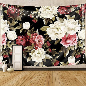 Riyidecor Fabric Watercolor Black Floral Tapestry Wall Hanging 91Wx71H Inch Vintage Flower Nature Plant Living Room Decoration Blossom Botanical Rose Retro Aesthetic Bedroom Dorm Home Decor WW-KRGG