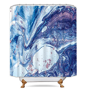 Riyidecor Abstract Marble Shower Curtain 72Wx72H Inch Ombre Blue Purple Modern Luxury Ink Texture Swirls Ripples Geometry Line Stripe Aesthetic Natural Fabric Waterproof Polyester 12 Pack Hooks