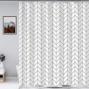 Riyidecor Striped Herringbone Chevron Shower Curtain 54x78 Inch White Geometric Panel 12 Pack Hooks Decor Fabric Bathroom Set Polyester Waterproof