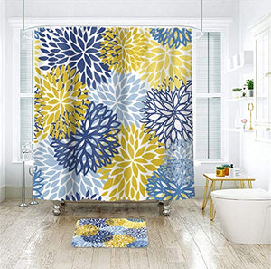 Riyidecor Spring Floral Shower Curtain for Bathroom 72Wx72H Inch Dahlia Flower Bathtub Set for Men Women Paisley Blue and Yellow Chrysanthemum Accessories Decor Fabric Waterproof 12 Pack Hooks