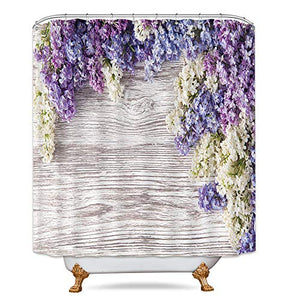 Riyidecor Lavender Flower Shower Curtain Rustic Wooden Floor Purple Lilac Floral Girls Woman Spring Romantic Decor Fabric Bathroom 72x72 Inch 12 Pack Plastic Shower Hooks Included