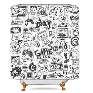 Riyidecor Kids Video Game Boys Shower Curtain 72" W x 78" H Black and White Sketch Funny Graffiti Decor Fabric Panel Bathroom 12 Pack Plastic Shower Hooks