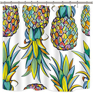 Riyidecor Tropical Fruit Pineapple Shower Curtain for Bathroom Decor Summer Green Leaves Blue and Yellow Art Printed Fabric Waterproof 72Wx72H 12 Pack Plastic Shower Hooks
