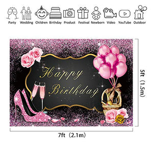 Riyidecor Pink Birthday Backdrop for Women 7Wx5H Feet High Heels Rose Gold 16th 20th 30th 50th Women Girls Princess Photography Background Decor Props Photo Shoot Banner Fabric
