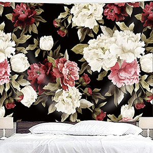 Riyidecor Fabric Watercolor Black Floral Tapestry Wall Hanging 91Wx71H Inch Vintage Flower Nature Plant Living Room Decoration Blossom Botanical Rose Retro Aesthetic Bedroom Dorm Home Decor WW-KRGG