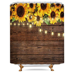 Riyidecor Rustic Sunflowers Wooden Board Light Shower Curtain Brown Yellow Country Spring Flowers Vintage Plant Kids Decor Fabric Nature Bathroom Polyester 72x84 Inch Include Plastic 12 Pack Hooks