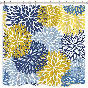 Riyidecor Spring Floral Shower Curtain for Bathroom 72Wx72H Inch Dahlia Flower Bathtub Set for Men Women Paisley Blue and Yellow Chrysanthemum Accessories Decor Fabric Waterproof 12 Pack Hooks