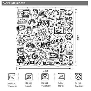 Riyidecor Kids Video Game Boys Shower Curtain 72" W x 78" H Black and White Sketch Funny Graffiti Decor Fabric Panel Bathroom 12 Pack Plastic Shower Hooks
