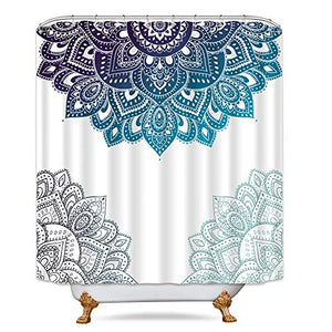 Riyidecor Henna Mandala Shower Curtain Boho Paisley India Bohemia Ombre Blue Flower Bathroom Decor Fabric for Bathtub 72Wx72H Inch 12 Pack Plastic Shower Hooks Included
