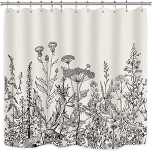 Riyidecor Wild Floral Shower Curtain Botanical Herbs Tulip Plant Nature Blossom Flower Leaf Sketch Gross Waterproof Fabric 60Wx72H Inch Polyester Bathroom Bathtub Decoration 12 Pack Plastic Hooks