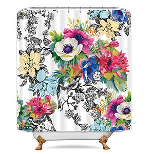 Riyidecor Watercolor Floral Shower Curtain Flower Blossoming Wildflowers Birds Spring Leaves Branches Decor Collection Fabric Polyester Waterproof 72x72 Inch Plastic Hooks 12 Packs