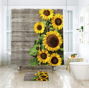 Rustic Sunflower Wood Plank Shower Curtain Panel Primitive Spring Blooming Flower Country Woman