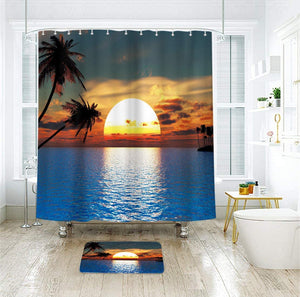 Riyidecor Hawaiian Sunrise Shower Curtain Ocean Beach Island Seaside Landscape Tropical Palm Tree Scenic Sunset Summer Bathroom Home Decor Set Waterproof Polyester 72X72 Inch 12 Pack Plastic Hooks