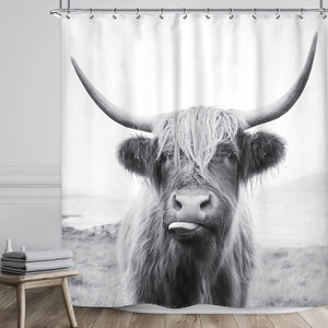 Riyidecor Highland Cow Bull Shower Curtain Western Wildlife Portrait Animal Funny Farm Country 72Wx72H Inch 12 Pack Metal Hooks Kids Sketch Waterproof Fabric Modern Fashion Polyester Bathroom Decor
