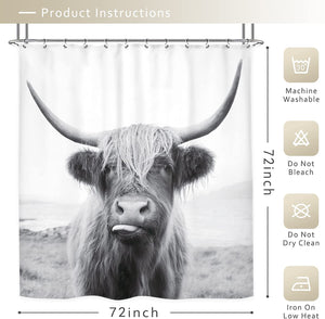 Riyidecor Highland Cow Bull Shower Curtain Western Wildlife Portrait Animal Funny Farm Country 72Wx72H Inch 12 Pack Metal Hooks Kids Sketch Waterproof Fabric Modern Fashion Polyester Bathroom Decor