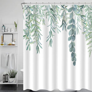 Riyidecor Eucalyptus Green Floral Shower Curtain 60Wx72H Inch Organic Natural Leaf Watercolor Cute Green Leaves Botanical Plant Branch Bouquet Fabric Waterproof Home Bathtub Decor 12 Pack Plastic Hook